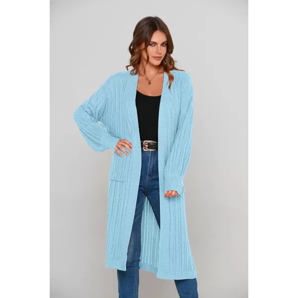 imagePRETTYGARDEN Womens Long Cardigan Sweaters Casual Lantern Sleeve Open Front Side Slit Cable Knit Coat OuterwearSky Blue