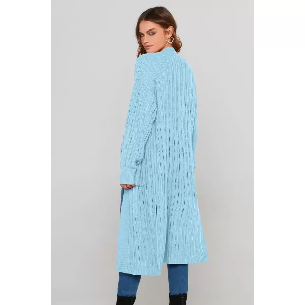 imagePRETTYGARDEN Womens Long Cardigan Sweaters Casual Lantern Sleeve Open Front Side Slit Cable Knit Coat OuterwearSky Blue