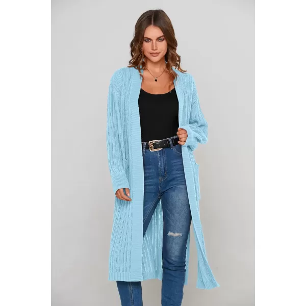 imagePRETTYGARDEN Womens Long Cardigan Sweaters Casual Lantern Sleeve Open Front Side Slit Cable Knit Coat OuterwearSky Blue