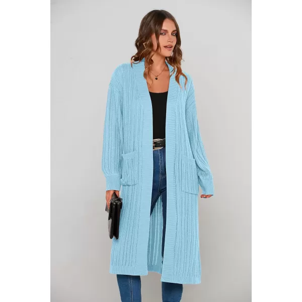imagePRETTYGARDEN Womens Long Cardigan Sweaters Casual Lantern Sleeve Open Front Side Slit Cable Knit Coat OuterwearSky Blue
