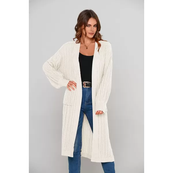 imagePRETTYGARDEN Womens Long Cardigan Sweaters Casual Lantern Sleeve Open Front Side Slit Cable Knit Coat OuterwearWhite