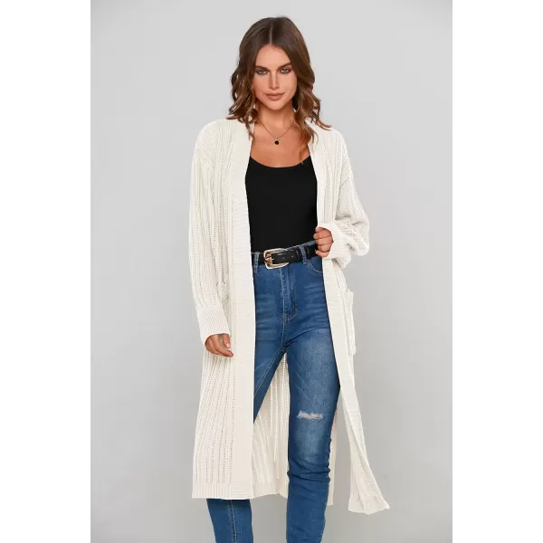imagePRETTYGARDEN Womens Long Cardigan Sweaters Casual Lantern Sleeve Open Front Side Slit Cable Knit Coat OuterwearWhite