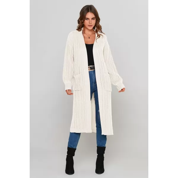 imagePRETTYGARDEN Womens Long Cardigan Sweaters Casual Lantern Sleeve Open Front Side Slit Cable Knit Coat OuterwearWhite