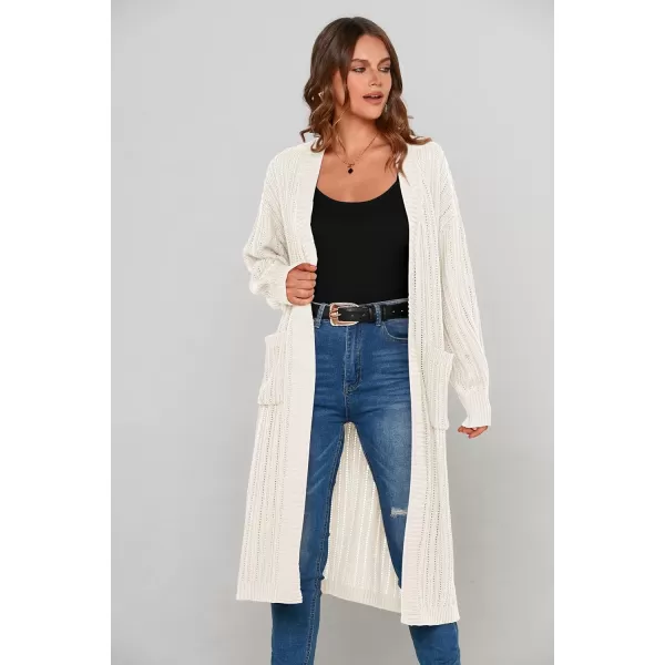 imagePRETTYGARDEN Womens Long Cardigan Sweaters Casual Lantern Sleeve Open Front Side Slit Cable Knit Coat OuterwearWhite