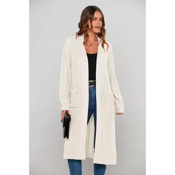 imagePRETTYGARDEN Womens Long Cardigan Sweaters Casual Lantern Sleeve Open Front Side Slit Cable Knit Coat OuterwearWhite