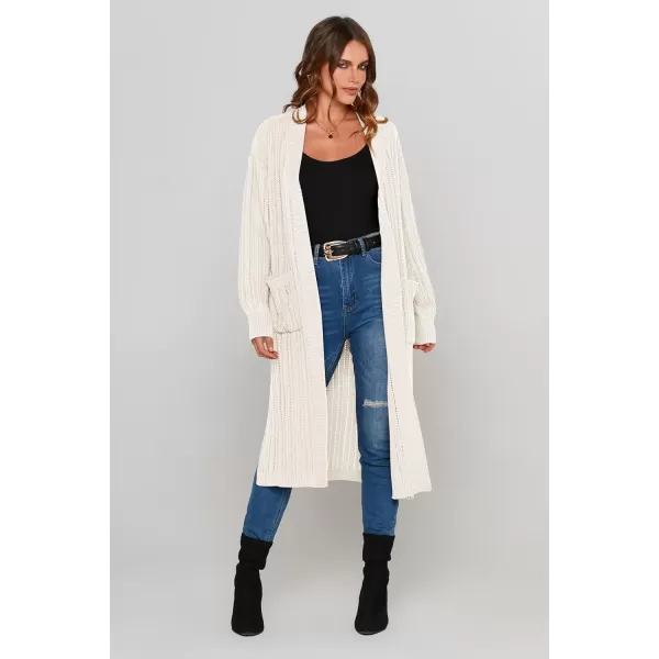 imagePRETTYGARDEN Womens Long Cardigan Sweaters Casual Lantern Sleeve Open Front Side Slit Cable Knit Coat OuterwearWhite