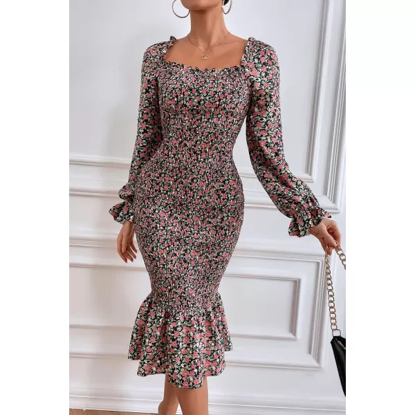 imagePRETTYGARDEN Womens Long Puff Sleeve Floral Midi Bodycon Dresses Square Neck Ruffle Mermaid Smocked DressBlack Orange