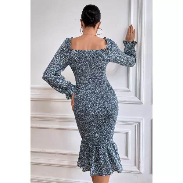 imagePRETTYGARDEN Womens Long Puff Sleeve Floral Midi Bodycon Dresses Square Neck Ruffle Mermaid Smocked DressBlue