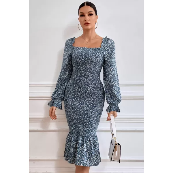 imagePRETTYGARDEN Womens Long Puff Sleeve Floral Midi Bodycon Dresses Square Neck Ruffle Mermaid Smocked DressBlue