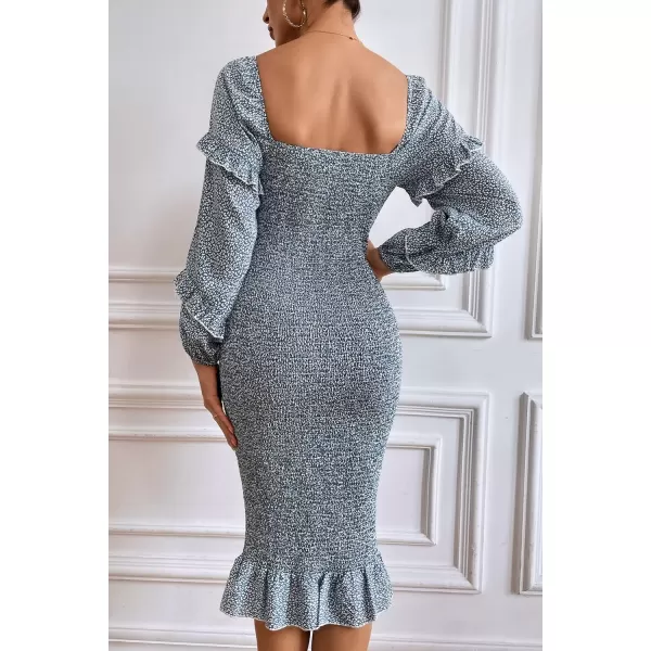 imagePRETTYGARDEN Womens Long Puff Sleeve Floral Midi Bodycon Dresses Square Neck Ruffle Mermaid Smocked DressBlue Leopard
