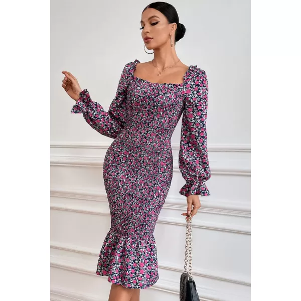 imagePRETTYGARDEN Womens Long Puff Sleeve Floral Midi Bodycon Dresses Square Neck Ruffle Mermaid Smocked DressBlue Purple