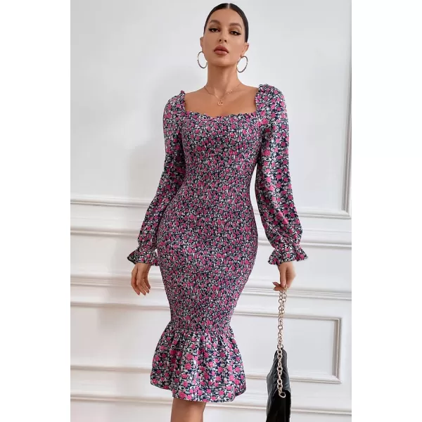 imagePRETTYGARDEN Womens Long Puff Sleeve Floral Midi Bodycon Dresses Square Neck Ruffle Mermaid Smocked DressBlue Purple