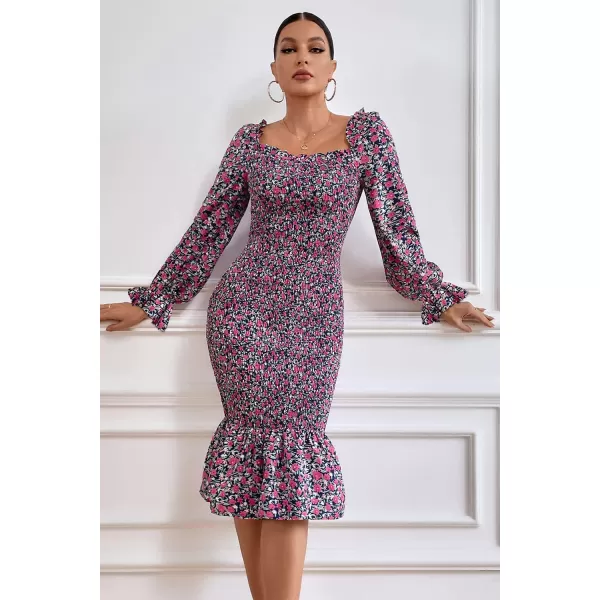 imagePRETTYGARDEN Womens Long Puff Sleeve Floral Midi Bodycon Dresses Square Neck Ruffle Mermaid Smocked DressBlue Purple