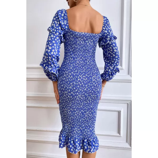 imagePRETTYGARDEN Womens Long Puff Sleeve Floral Midi Bodycon Dresses Square Neck Ruffle Mermaid Smocked DressBlue White