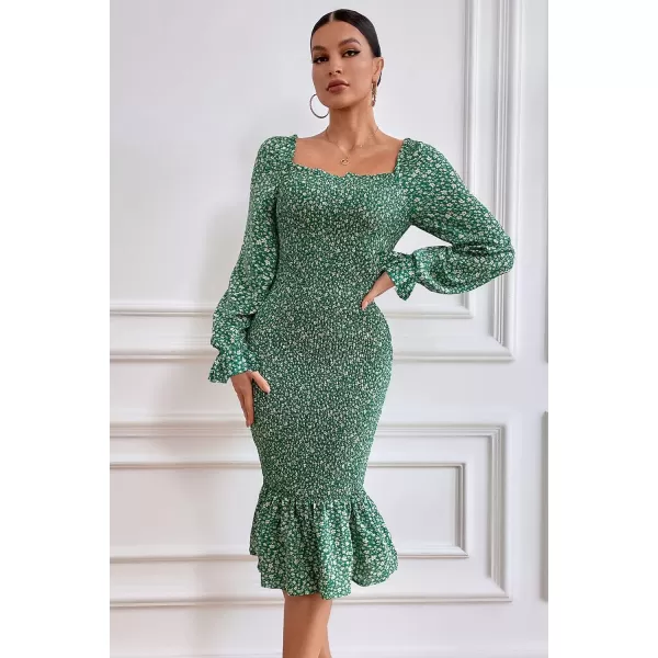 imagePRETTYGARDEN Womens Long Puff Sleeve Floral Midi Bodycon Dresses Square Neck Ruffle Mermaid Smocked DressGreen