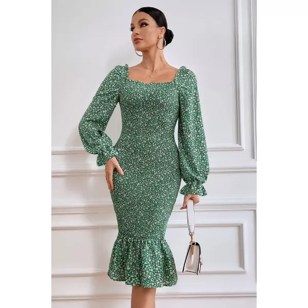 imagePRETTYGARDEN Womens Long Puff Sleeve Floral Midi Bodycon Dresses Square Neck Ruffle Mermaid Smocked DressGreen