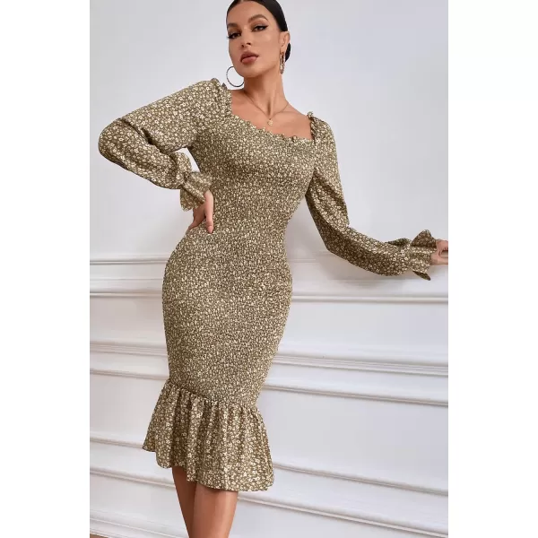 imagePRETTYGARDEN Womens Long Puff Sleeve Floral Midi Bodycon Dresses Square Neck Ruffle Mermaid Smocked DressKhaki