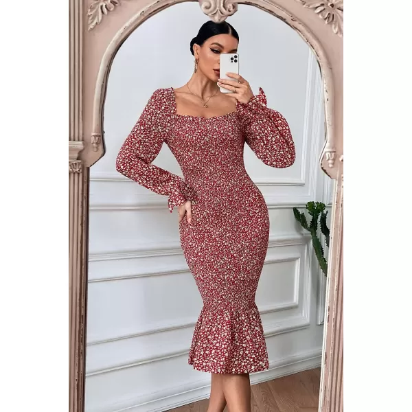 imagePRETTYGARDEN Womens Long Puff Sleeve Floral Midi Bodycon Dresses Square Neck Ruffle Mermaid Smocked DressRed