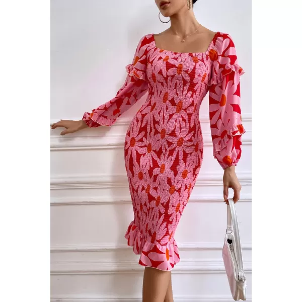imagePRETTYGARDEN Womens Long Puff Sleeve Floral Midi Bodycon Dresses Square Neck Ruffle Mermaid Smocked DressRed Floral