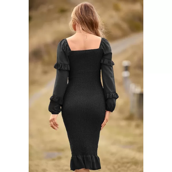 imagePRETTYGARDEN Womens Long Puff Sleeve Floral Midi Bodycon Dresses Square Neck Ruffle Mermaid Smocked DressSolid Black