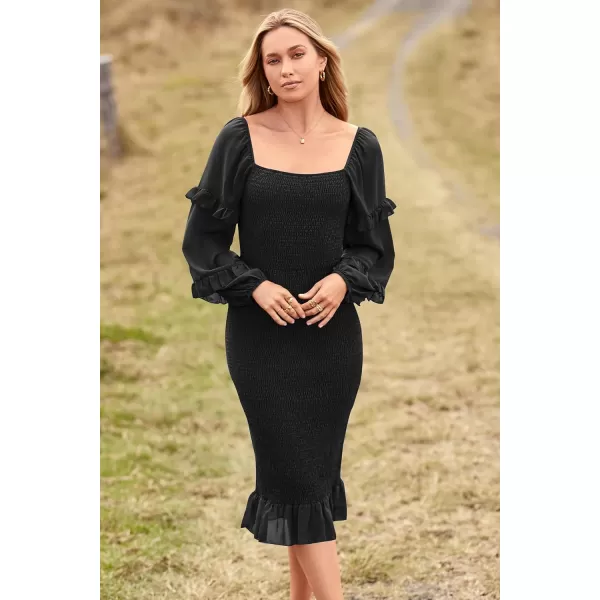 imagePRETTYGARDEN Womens Long Puff Sleeve Floral Midi Bodycon Dresses Square Neck Ruffle Mermaid Smocked DressSolid Black