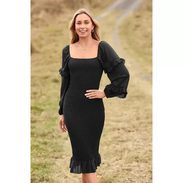 imagePRETTYGARDEN Womens Long Puff Sleeve Floral Midi Bodycon Dresses Square Neck Ruffle Mermaid Smocked DressSolid Black