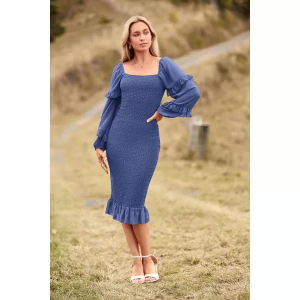 imagePRETTYGARDEN Womens Long Puff Sleeve Floral Midi Bodycon Dresses Square Neck Ruffle Mermaid Smocked DressSolid Dark Blue