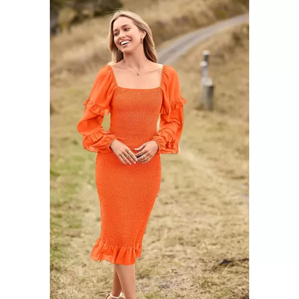 imagePRETTYGARDEN Womens Long Puff Sleeve Floral Midi Bodycon Dresses Square Neck Ruffle Mermaid Smocked DressSolid Orange