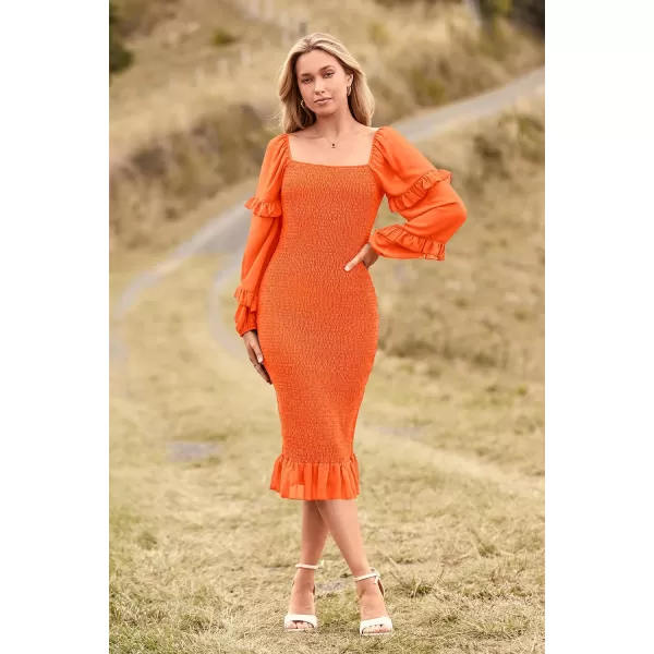 imagePRETTYGARDEN Womens Long Puff Sleeve Floral Midi Bodycon Dresses Square Neck Ruffle Mermaid Smocked DressSolid Orange
