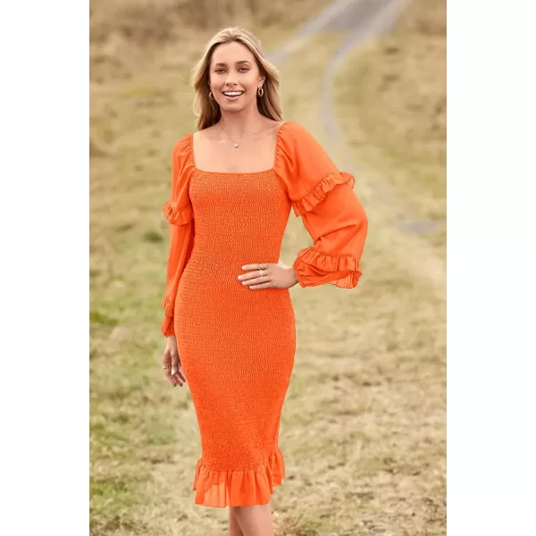 imagePRETTYGARDEN Womens Long Puff Sleeve Floral Midi Bodycon Dresses Square Neck Ruffle Mermaid Smocked DressSolid Orange