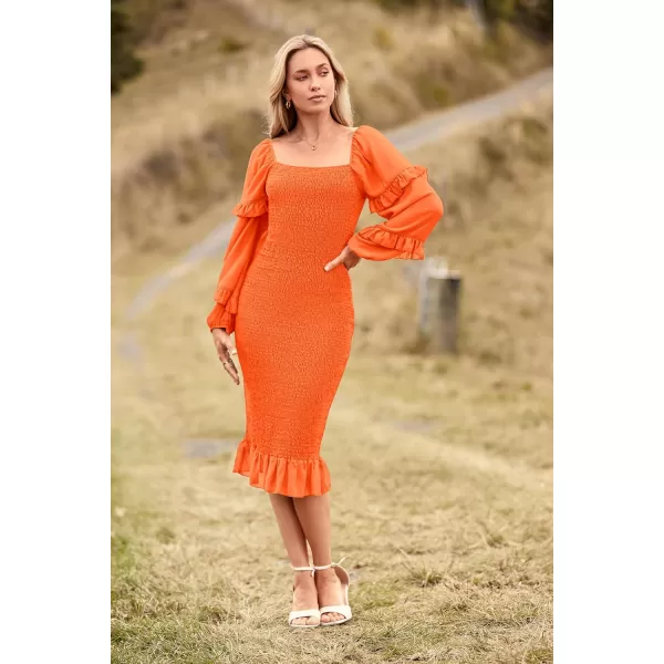 imagePRETTYGARDEN Womens Long Puff Sleeve Floral Midi Bodycon Dresses Square Neck Ruffle Mermaid Smocked DressSolid Orange
