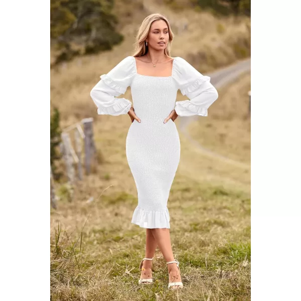 imagePRETTYGARDEN Womens Long Puff Sleeve Floral Midi Bodycon Dresses Square Neck Ruffle Mermaid Smocked DressSolid White
