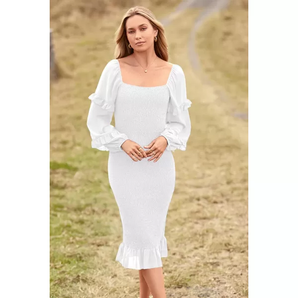 imagePRETTYGARDEN Womens Long Puff Sleeve Floral Midi Bodycon Dresses Square Neck Ruffle Mermaid Smocked DressSolid White