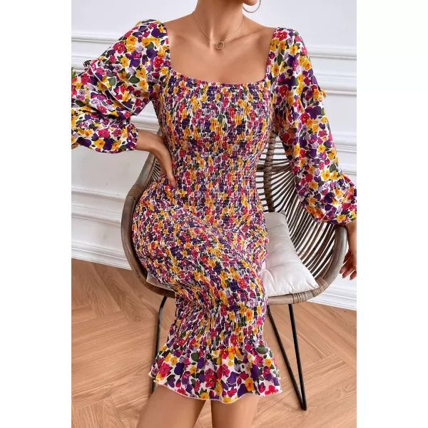 imagePRETTYGARDEN Womens Long Puff Sleeve Floral Midi Bodycon Dresses Square Neck Ruffle Mermaid Smocked DressWhite Purple