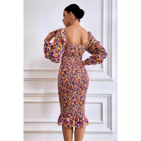 imagePRETTYGARDEN Womens Long Puff Sleeve Floral Midi Bodycon Dresses Square Neck Ruffle Mermaid Smocked DressWhite Purple