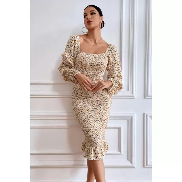 imagePRETTYGARDEN Womens Long Puff Sleeve Floral Midi Bodycon Dresses Square Neck Ruffle Mermaid Smocked DressWhite Yellow