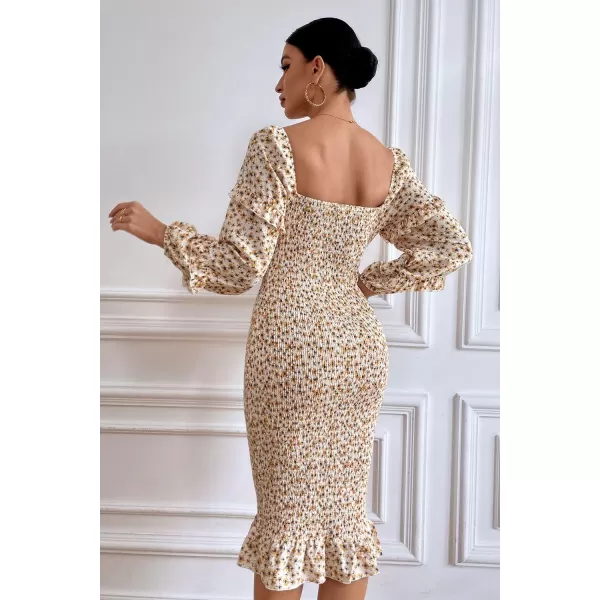 imagePRETTYGARDEN Womens Long Puff Sleeve Floral Midi Bodycon Dresses Square Neck Ruffle Mermaid Smocked DressWhite Yellow