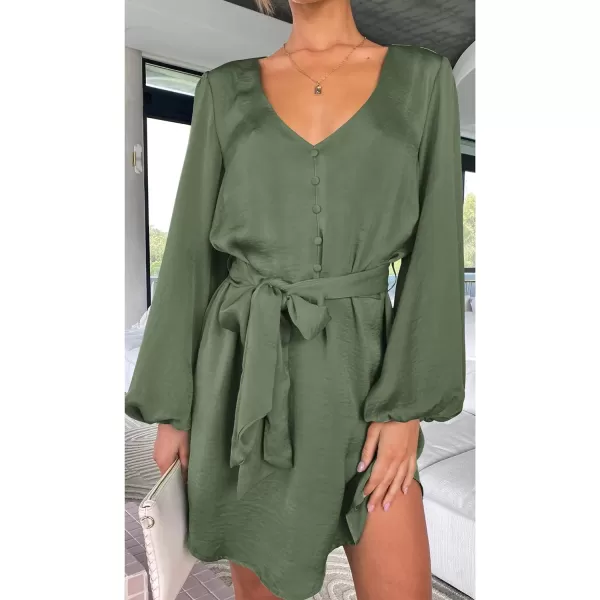 imagePRETTYGARDEN Womens Long Puff Sleeve Satin V Neck Cocktail Party Belted Short Formal DressesArmy Green