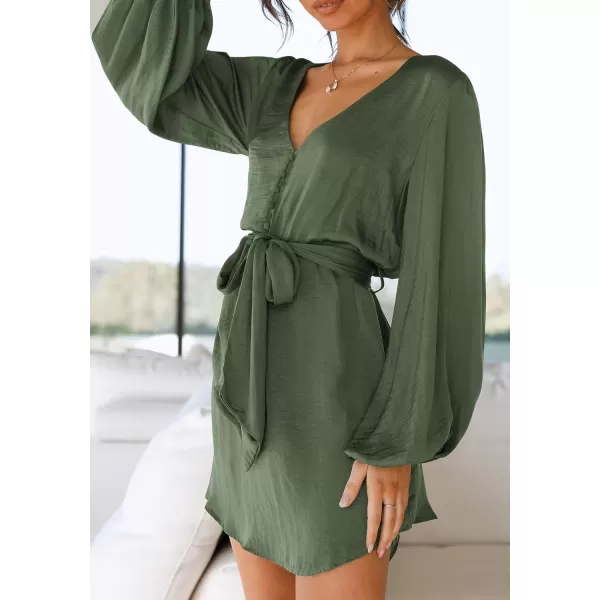 imagePRETTYGARDEN Womens Long Puff Sleeve Satin V Neck Cocktail Party Belted Short Formal DressesArmy Green