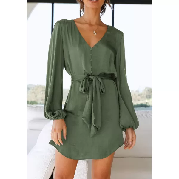 imagePRETTYGARDEN Womens Long Puff Sleeve Satin V Neck Cocktail Party Belted Short Formal DressesArmy Green