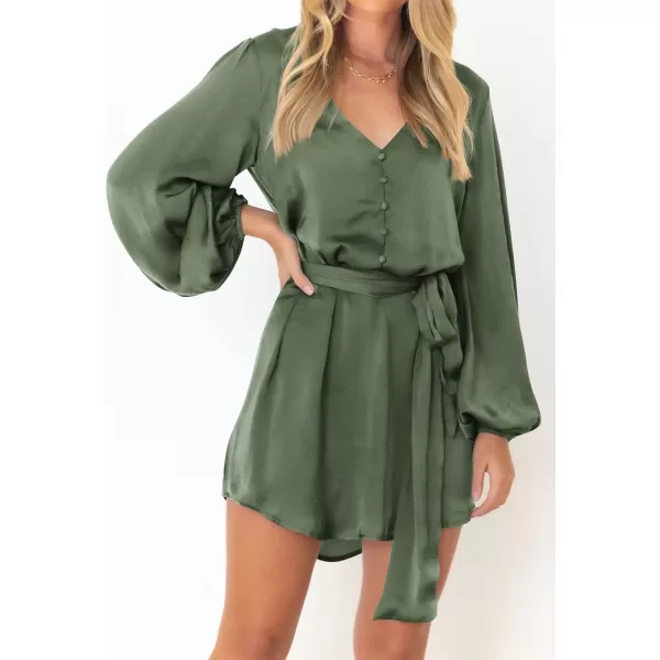 imagePRETTYGARDEN Womens Long Puff Sleeve Satin V Neck Cocktail Party Belted Short Formal DressesArmy Green