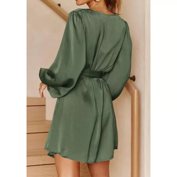 imagePRETTYGARDEN Womens Long Puff Sleeve Satin V Neck Cocktail Party Belted Short Formal DressesArmy Green