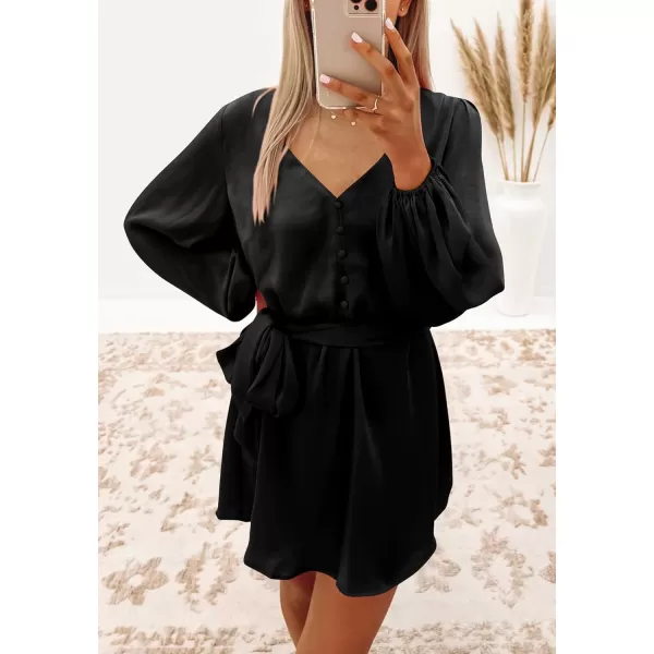 imagePRETTYGARDEN Womens Long Puff Sleeve Satin V Neck Cocktail Party Belted Short Formal DressesBlack