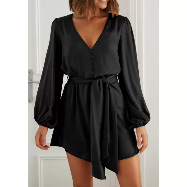 imagePRETTYGARDEN Womens Long Puff Sleeve Satin V Neck Cocktail Party Belted Short Formal DressesBlack