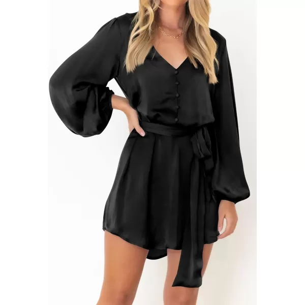 imagePRETTYGARDEN Womens Long Puff Sleeve Satin V Neck Cocktail Party Belted Short Formal DressesBlack
