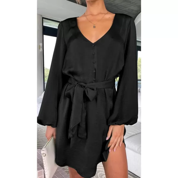 imagePRETTYGARDEN Womens Long Puff Sleeve Satin V Neck Cocktail Party Belted Short Formal DressesBlack
