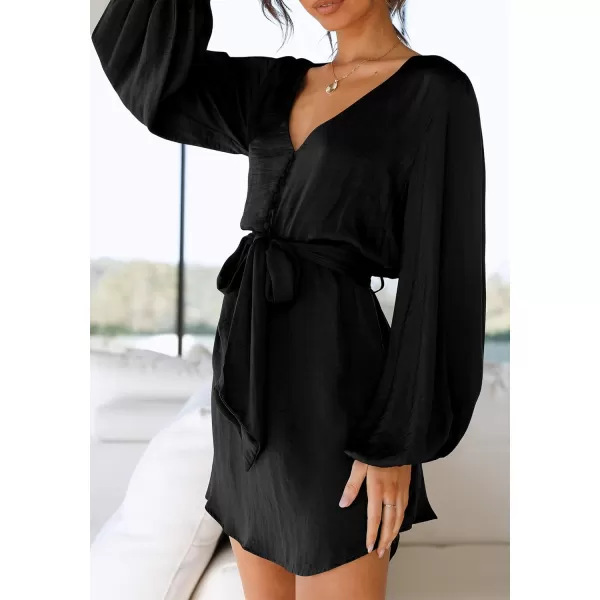 imagePRETTYGARDEN Womens Long Puff Sleeve Satin V Neck Cocktail Party Belted Short Formal DressesBlack