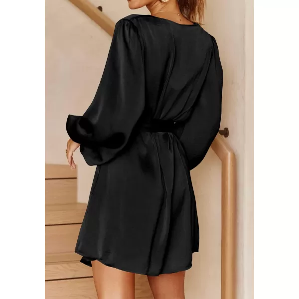 imagePRETTYGARDEN Womens Long Puff Sleeve Satin V Neck Cocktail Party Belted Short Formal DressesBlack