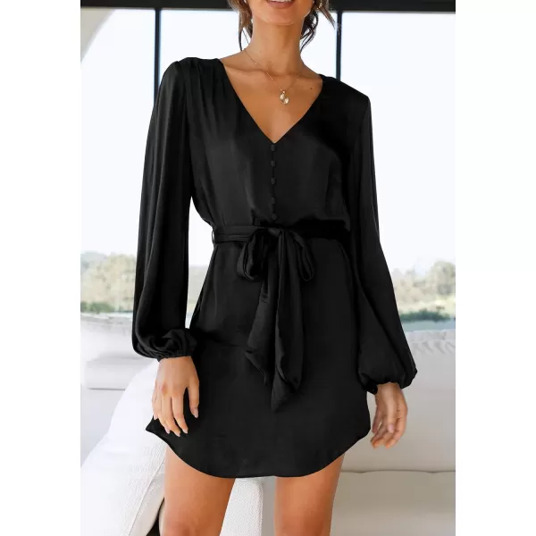 imagePRETTYGARDEN Womens Long Puff Sleeve Satin V Neck Cocktail Party Belted Short Formal DressesBlack