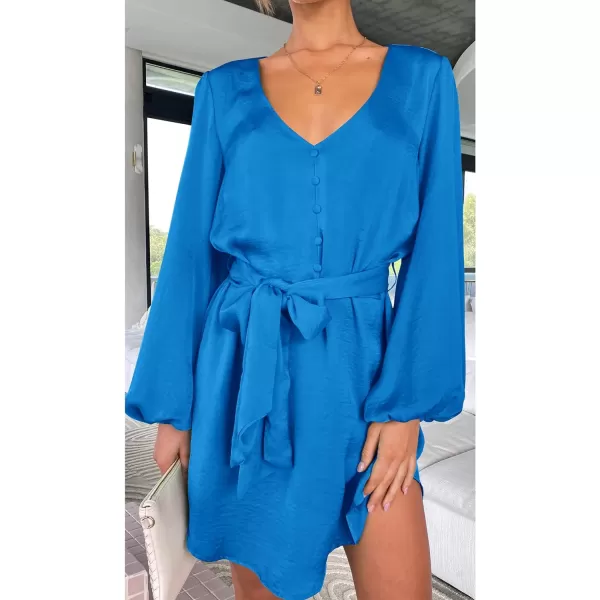 imagePRETTYGARDEN Womens Long Puff Sleeve Satin V Neck Cocktail Party Belted Short Formal DressesBlue